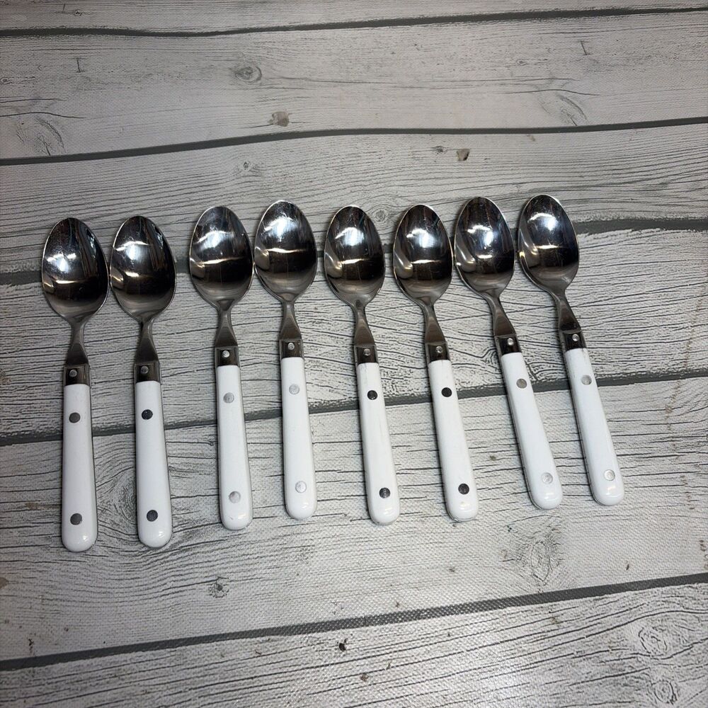 Vintage Flatware 8Teaspoons Stainless Korea White Handle